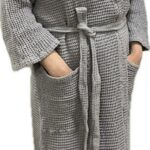 Waffle Weave Linen/Cotton Blend Bathrobe - Gray/Blue